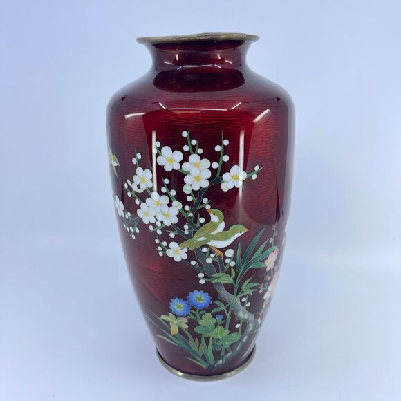 vintage red cloisonné vase with hand painted bird and floral design